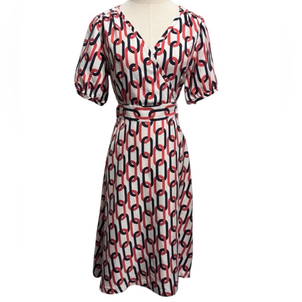 Banana Republic 100% silk, Orange and Navy Chain Print wrap Dress